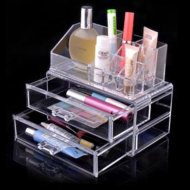  Makeup Cosmetics Organizer Clear Acrylic w/ 2 Drawers Display Box Storage