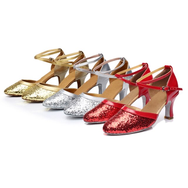  Women's Modern Shoes Paillette Sneaker Sequin / Ribbon Tie / Lace-up Cuban Heel Customizable Dance Shoes Red / Silver / Gold / Indoor / Practice / Professional