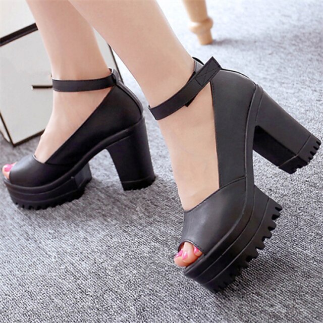  Women's Shoes Chunky Heel Peep Toe Pumps/ Dress Black/White