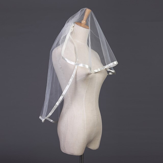  Two-tier Ribbon Edge Wedding Veil Elbow Veils with Ribbon Tie 31.5 in (80cm) Tulle / Oval