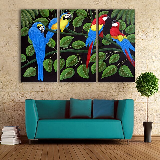 E-HOME® Stretched Canvas Art Color Parrot Decoration Painting  Set of 3
