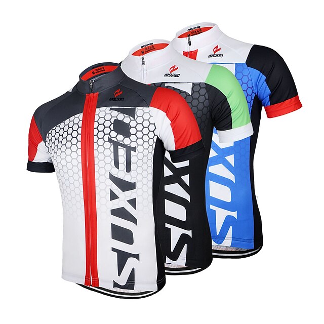  Arsuxeo Men's Cycling Jersey Short Sleeve Bike Jersey Top with 3 Rear Pockets Mountain Bike MTB Road Bike Cycling Breathable Anatomic Design Quick Dry White+Red Black Green Black Blue Patchwork