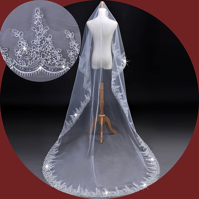  One-tier Lace Applique Edge Wedding Veil Cathedral Veils with Sequin / Embroidery Lace / Tulle / Classic