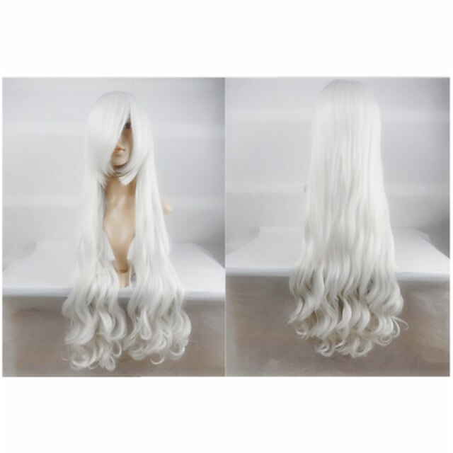  Hot Sale 40 Inches High Temperature Fiber Long Curly White Cosplay Costume Wig Side Bang