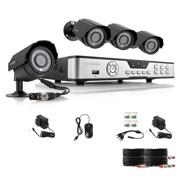  Zmodo 4 CH Key DVR 4 Utomhus 600TVL Dag Natt CCTV Home Security Camera System