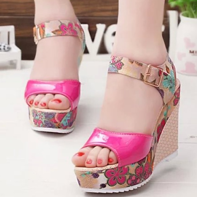  Women's Sandals Wedge Sandals Wedge Sandals Buckle Wedge Heel Peep Toe Comfort Outdoor Office & Career Faux Leather Spring Summer Floral White Fuchsia Blue