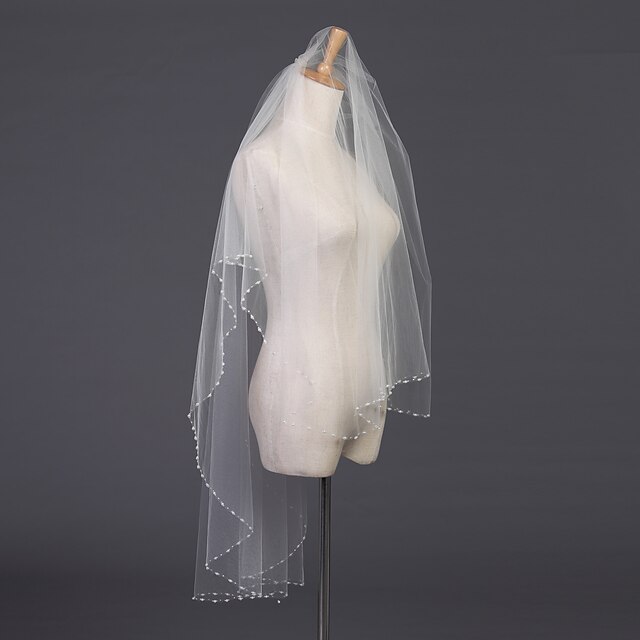  Two-tier Pearl Trim Edge Wedding Veil Elbow Veils with Pearl 35.43 in (90cm) Tulle / Angel cut / Waterfall