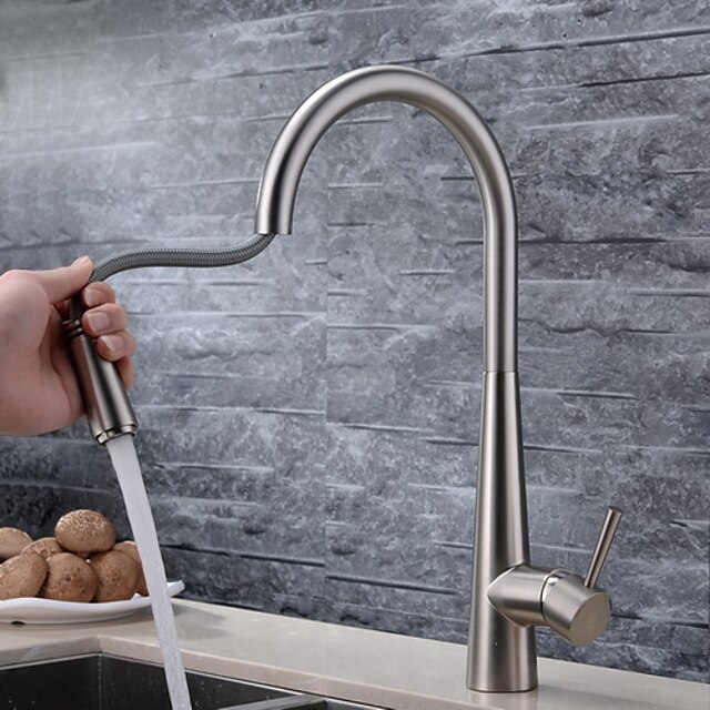  Single Handle Kitchen Faucet, Brushed One Hole Pull Out Standard Spout/Spray/Centerset, Brasss Contemporary Kitchen Faucet Contain with Cold and Hot Water