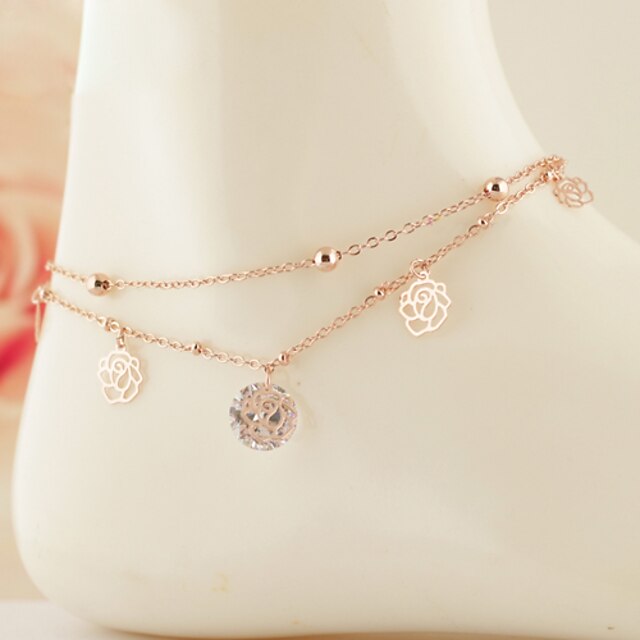  Anklet feet jewelry Dainty Ladies Unique Design Women's Body Jewelry For Party Daily Double Crystal Rose Gold Zircon Cubic Zirconia Roses Flower Golden