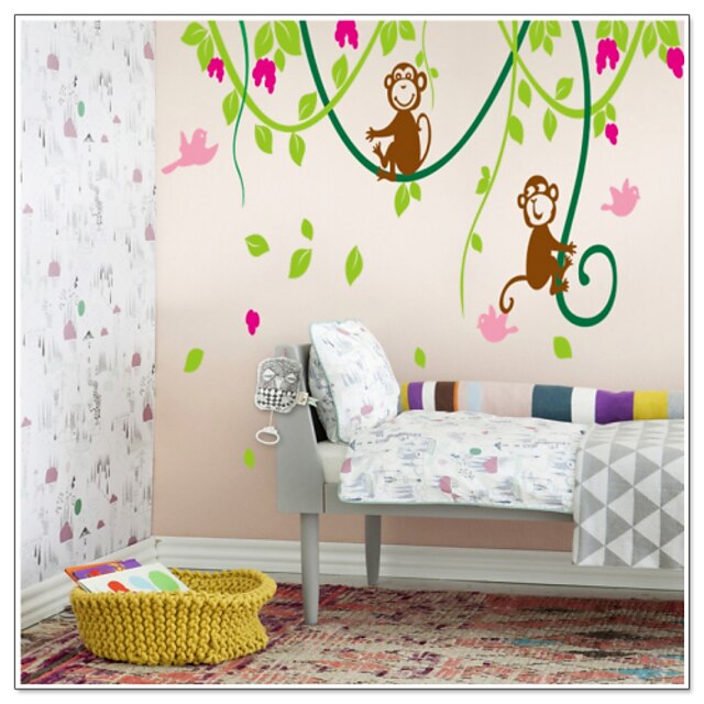  Monkeys Playing With Birds On Tree Vine Wall Decal Zooyoo9012 Decorative Removable Pvc Wall Sticker