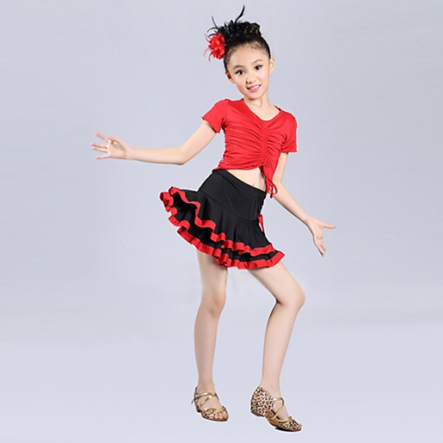  Latin Dance Performance Outfits Children's Performance Polyester Cascading Ruffle Outfit Blue/Fuchsia/Red Kids Dance Costumes