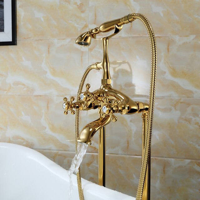 Robinet de baignoire - Antique Ti-PVD Sur Pied Soupape céramique Bath Shower Mixer Taps / Deux poignées Deux trous