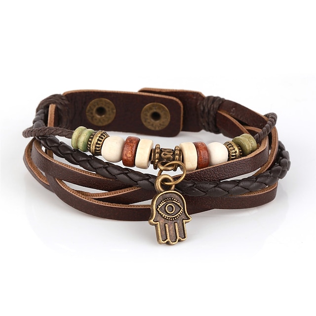  Men's Beaded Layered Rope Wrap Bracelet Leather Bracelet Leather Vintage Inspirational Multi Layer Bracelet Jewelry Brown For Christmas Gifts Daily Sports