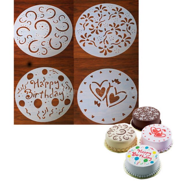  4PCS Cake Spray Mold Happy Birthday Flowers Heart Pattern Stencils Cake Decoration