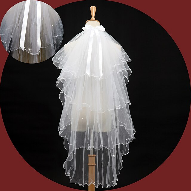  Four-tier Pencil Edge Wedding Veil Elbow Veils with Pearl / Ruched 43.31 in (110cm) Lace / Tulle / Angel cut / Waterfall