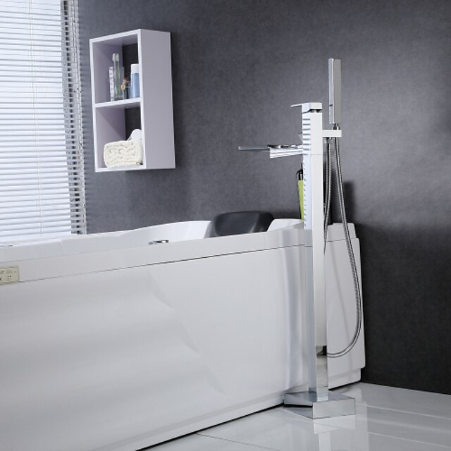  Robinet de baignoire - contemporain Chrome Sur Pied Soupape céramique Bath Shower Mixer Taps / Mitigeur un trou