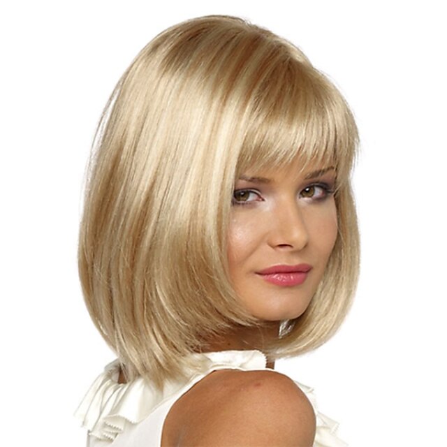  Synthetic Wig Straight Straight Bob With Bangs Wig Blonde Short Blonde Synthetic Hair Women's Side Part Blonde StrongBeauty