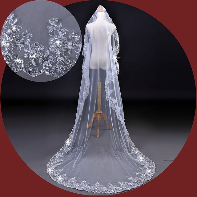  One-tier Lace Applique Edge Wedding Veil Cathedral Veils with Sequin / Embroidery Lace / Tulle / Classic