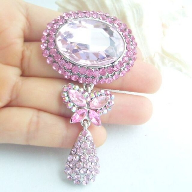  Women Accessories Art Deco Silver-tone Pink Rhinestone Crystal Brooch Bouquet Dangling Flower Brooch Women Jewelry
