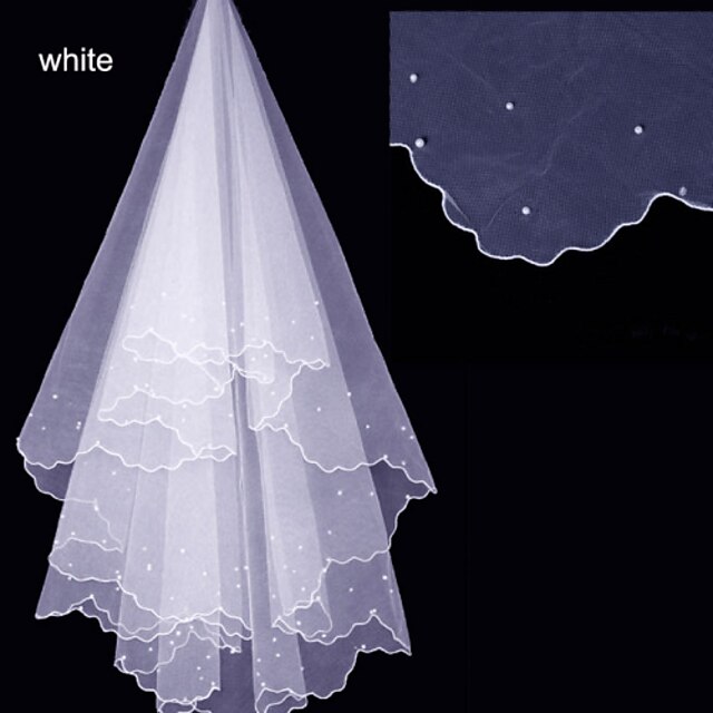  One-tier Pencil Edge Wedding Veil Blusher Veils 53 Pearls Tulle
