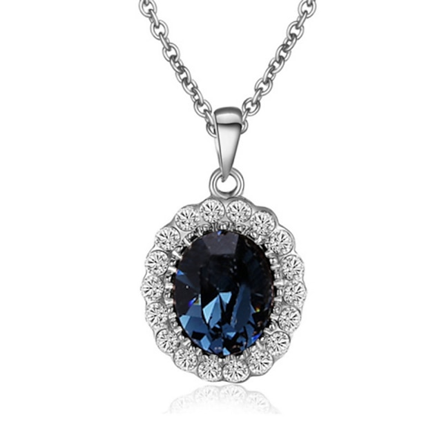  T&C Women's 18K White Gold Plated with Rhinestones Surrounded Blue Sapphire Crystal Pendant Necklaces