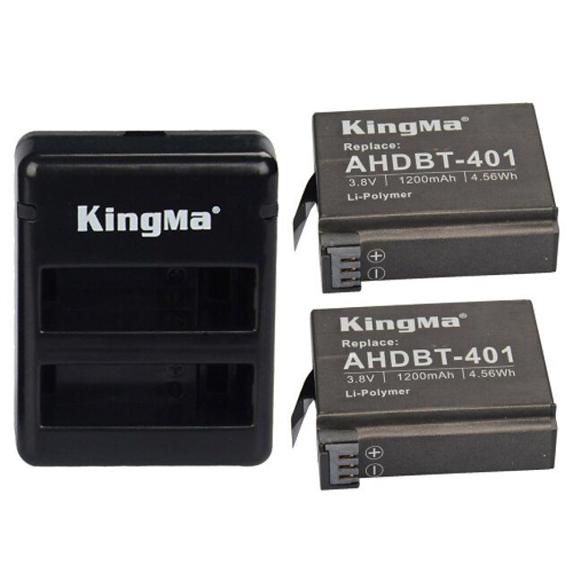  kingma® 2kpl rechargebale ahdbt-401 akku 1200mAh + dual usb laturi GoPro sankari 4 musta Siler kameran akku