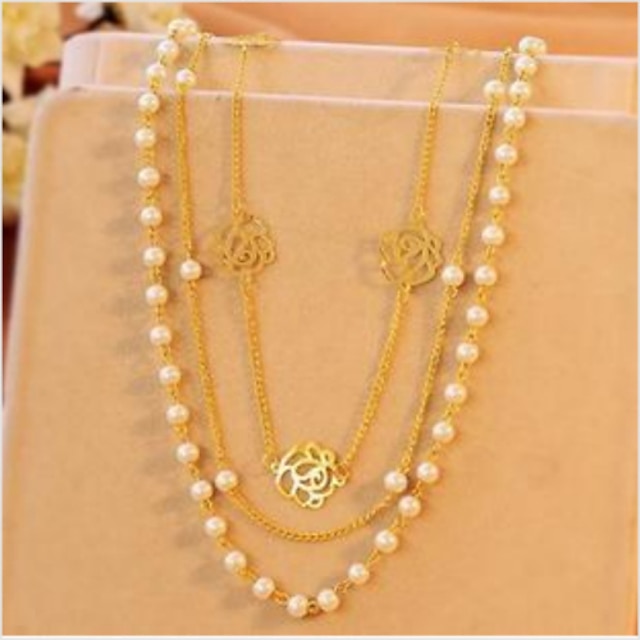  Women's Pearl Chain Necklace Layered Necklace Long Necklace Layered Ladies Multi Layer Pearl Imitation Diamond Alloy Gold Necklace Jewelry For