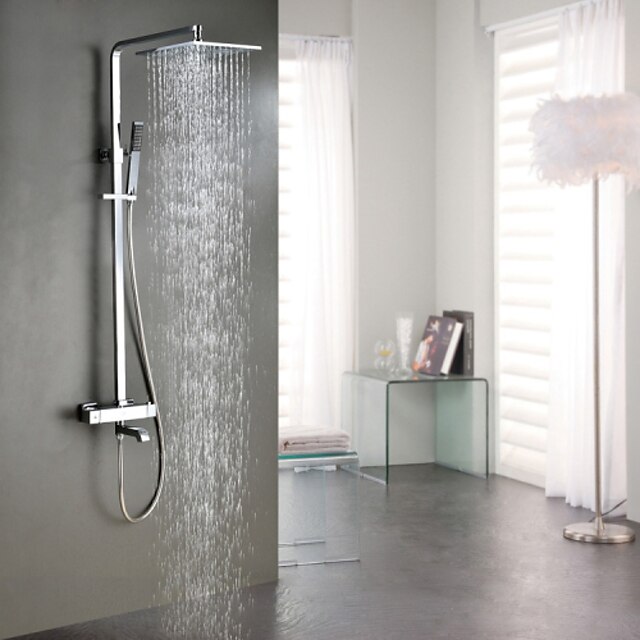  Robinet de douche Ensemble - Douchette inclue Thermostatique Douche pluie contemporain Chrome Système de douche Soupape céramique Bath Shower Mixer Taps / Laiton / Deux poignées trois trous