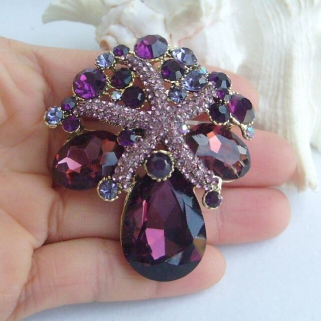  Women Accessories Gold-tone Purple Rhinestone Crystal Starfish Brooch Bouquet Art Deco Women Jewelry Mermaid