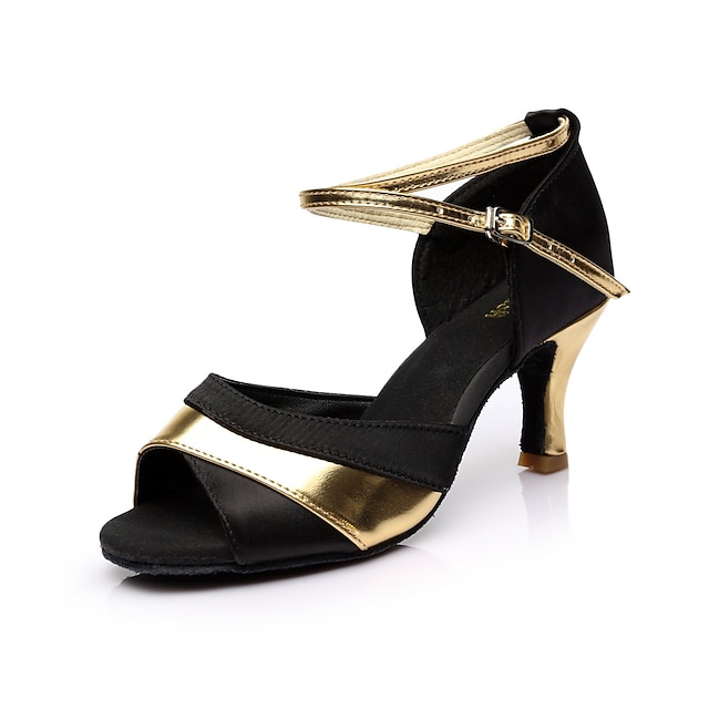  Mujer Zapatos de Baile Latino Zapatos de Salsa Satén Zapatos brillantes Sandalia Hebilla Tacón Personalizado Hebilla Rojo Plata Oro / Cuero / Cuero