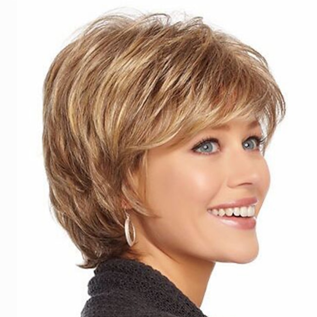  Synthetic Wig Wavy With Bangs Machine Made Wig Blonde Short Strawberry Blonde#27 Synthetic Hair Women's Highlighted / Balayage Hair Blonde