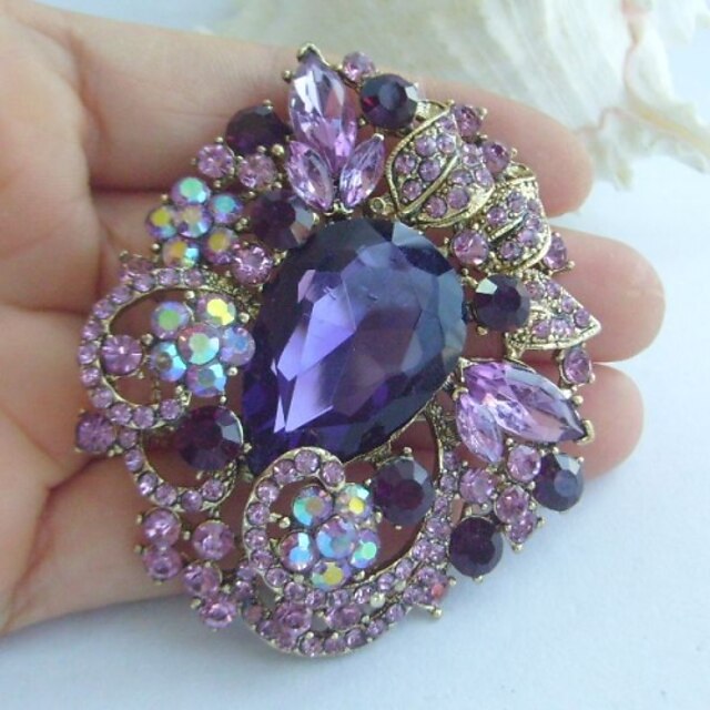  Wedding Accessories Gold-tone Purple Rhinestone Crystal Flower Brooch Art Deco Bridal Bouquet Women Jewelry