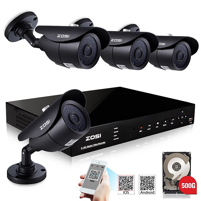  zosi® 800tvl nattesyn hdmi 500GB hdd 8-kanals H.264 DVR kits 4x udendørs CCTV kamera sikkerhedssystem