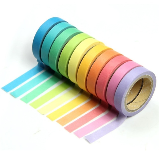  10PCS Popular Rainbow Washi Sticky Paper Masking Adhesive Decorative Tape Scrapbooking DIY for Decorative 10 colors