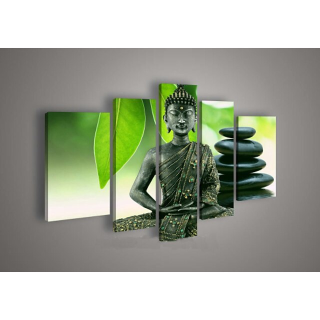  Hand-Painted Wall Art Religion Buddha Oil Painting on Canvas Green 5pcs/set No Frame