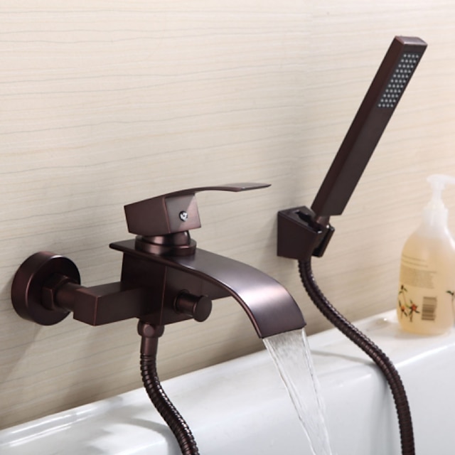  Antique Wall Mounted Waterfall Ceramic Valve Two Holes Single Handle Two Holes Oil-rubbed Bronze , Bathroom Sink Faucet