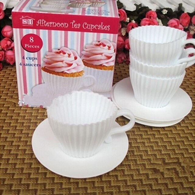  Set of 4 Afternoon Tea Cupcakes Silicone Cup Cake Moulds with Saucers Fun Baking
