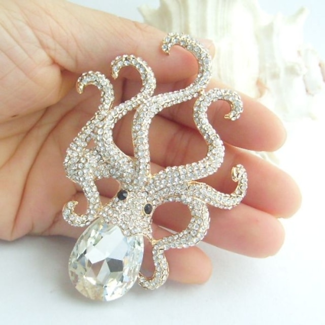  Women Accessories Gold-tone Clear Rhinestone Crystal Octopus Brooch Art Deco Crystal Brooch Women Jewelry