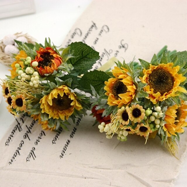  Seide Sonnenblume-Blumenstrauß 2 Sträuße / lot jedes Bouquet 5 Köpfe für Hochzeitsdekoration