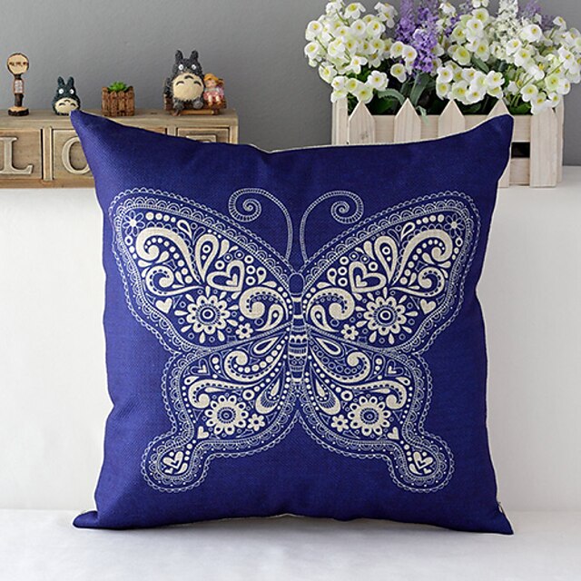  Country Style Porcelain Butterfly Patterned Cotton/Linen Decorative Pillow Cover