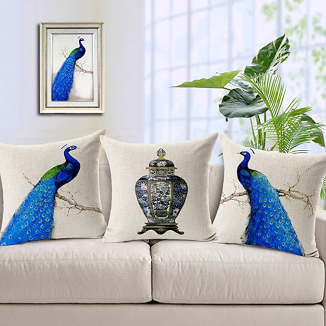  Set of 3 Modern Blue Peacock Patterned Cotton/Linen Decorative Pillow Covers