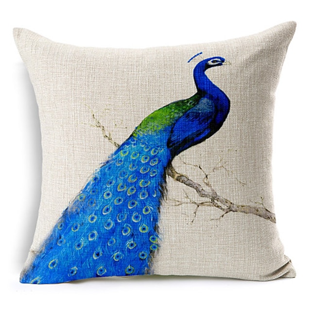 pavo real azul estampado de algodón / lino funda de almohada decorativa estilo fresco
