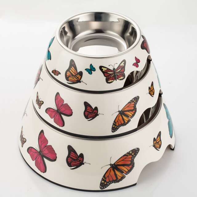  Butterfly Print Melamine Bowl with Stainless Steel Dog Dish for Dogs & Cats (Assorted Colors)
