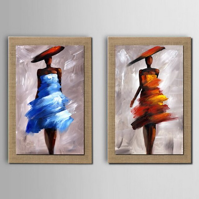  Oil Painting Decoration Abstract People Hand Painted Natural Linen with Stretched Framed - Set of 2