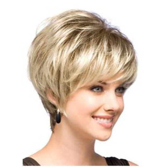  Synthetic Wig Straight Straight Bob With Bangs Wig Blonde Short Synthetic Hair Women's Dark Roots Side Part Blonde StrongBeauty