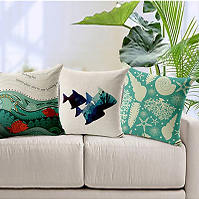  3 pcs Cotton/Linen Pillow Cover, Coastal Beach Style