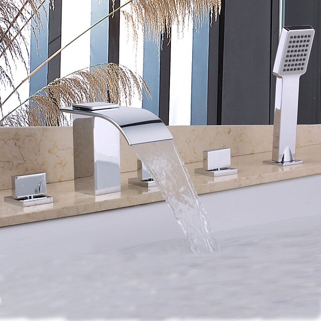  Bathtub Faucet - Contemporary Chrome Roman Tub Ceramic Valve Bath Shower Mixer Taps / Brass / Two Handles Five Holes