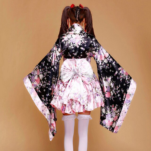  Wa Traditioneel Satiini Dames Kimono Cosplay Roze Bloemen Dichter Lange mouw Korte Lengte kostuums