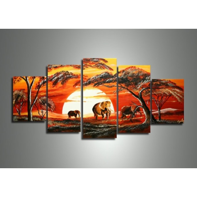  Hand-Painted Modern Abstract Elephant Giraffe Sunset African Landscape Oil Painting on Canvas  5pcs/set No Frame