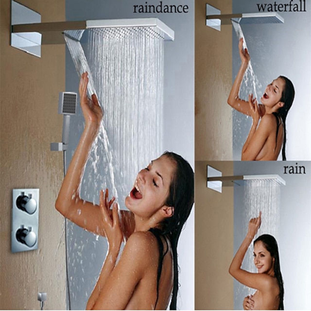  Contemporary Wall Mounted Rain Shower Handshower Included Thermostatic Brass Valve Two Handles Three Holes Chrome , Shower Faucet
